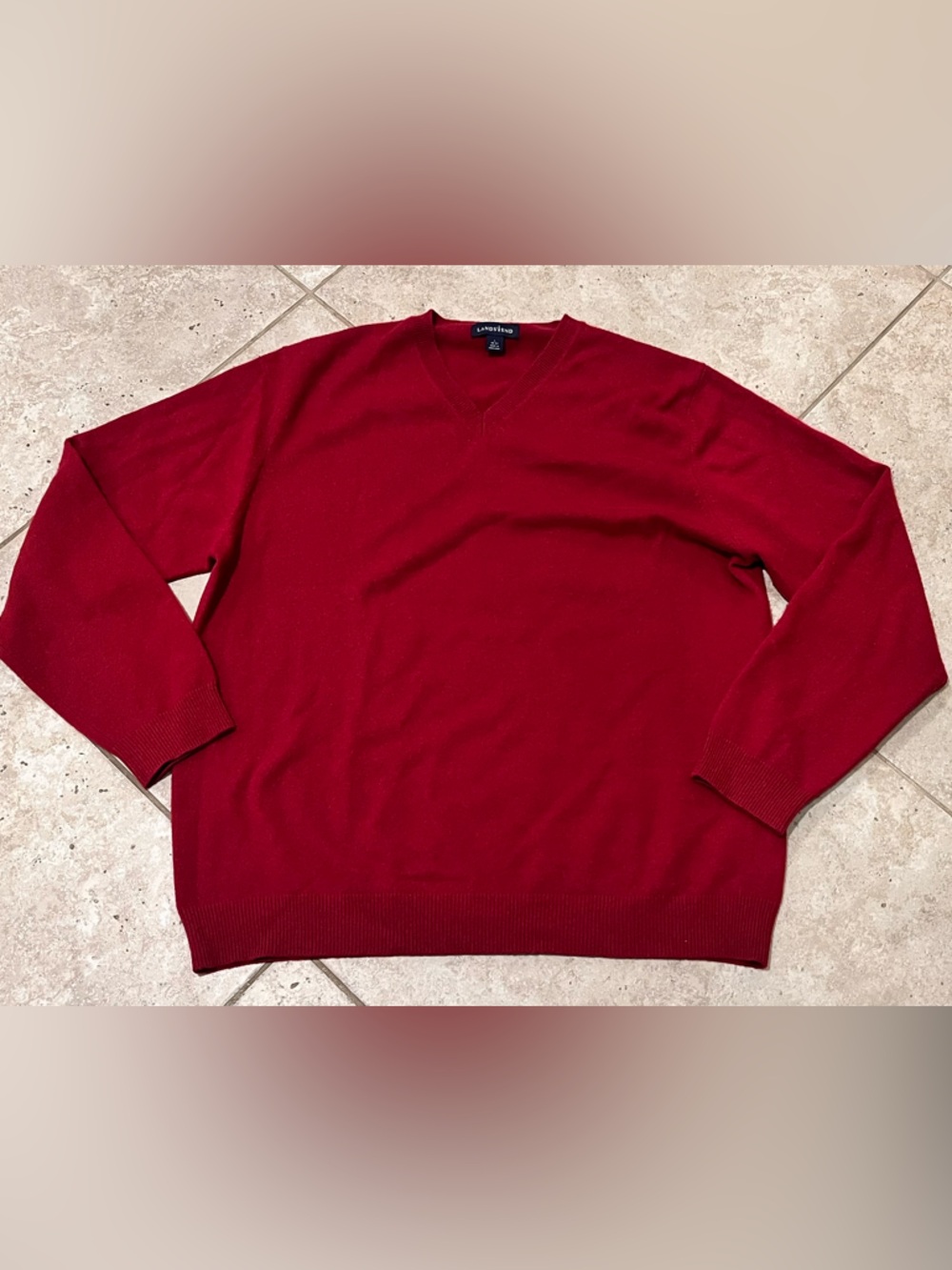 Lands End Sweater Mens L Red 100% Cashmere V-Neck Pullover Knit Cozy Soft EUC